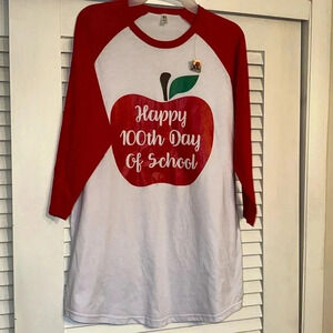 School Teacher 3/4 Sleeve Red Apple / White 100th Day of School Shirt XL